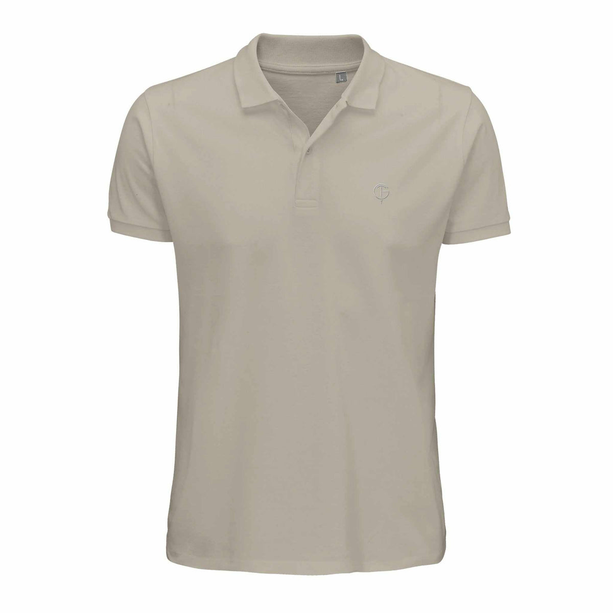 Golf polo shirt in light taupe cotton with short sleeves, a ribbed collar, two-button placket and small chest logo.