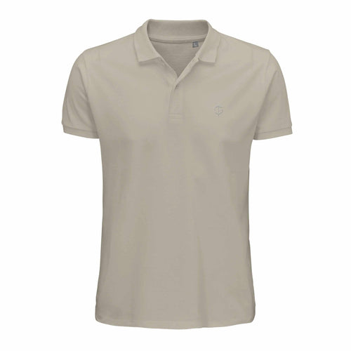 Golf polo shirt in light taupe cotton with short sleeves, a ribbed collar, two-button placket and small chest logo.
