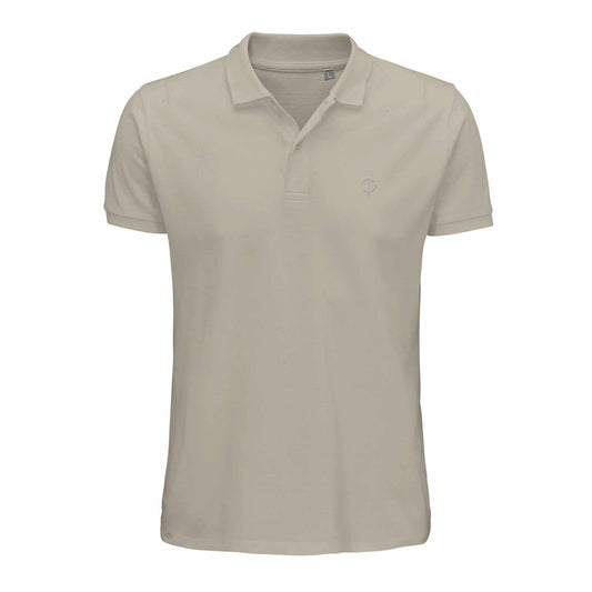 Golf polo shirt in light taupe cotton with short sleeves, a ribbed collar, two-button placket and small chest logo.