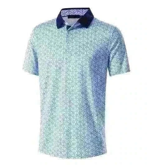 Golf Polo Shirt in pale aqua polyester with an all-over geometric print, navy collar and button placket