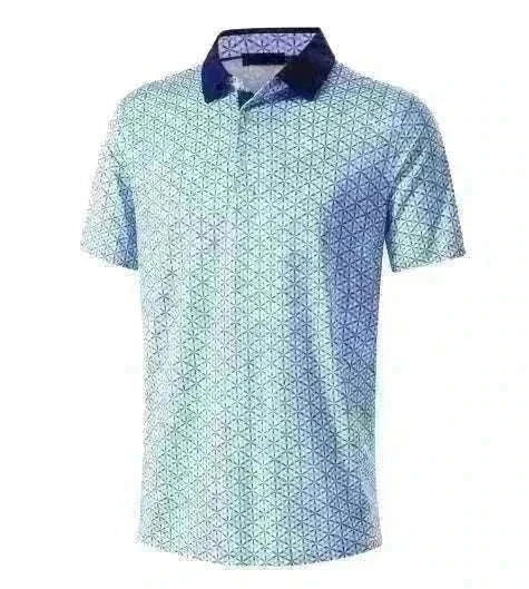 Golf polo shirt in pale blue-white with a small geometric print, navy collar and short button placket