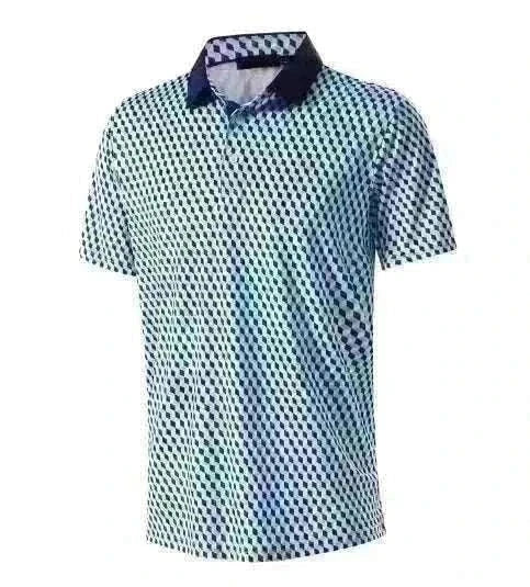 Golf polo shirt in pale blue and navy with an all-over geometric print, short sleeves, dark collar and button placket