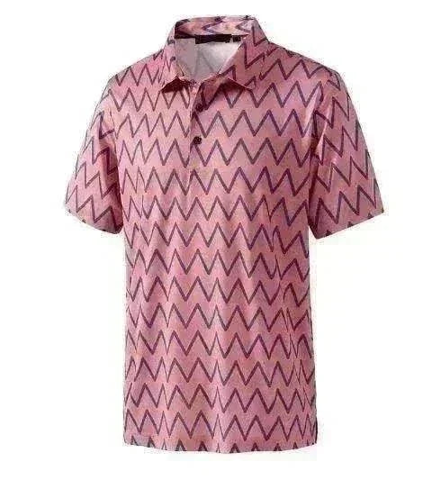 Golf Polo Shirt in dusty pink polyester with a repeating dark zigzag pattern, short sleeves, and a button placket