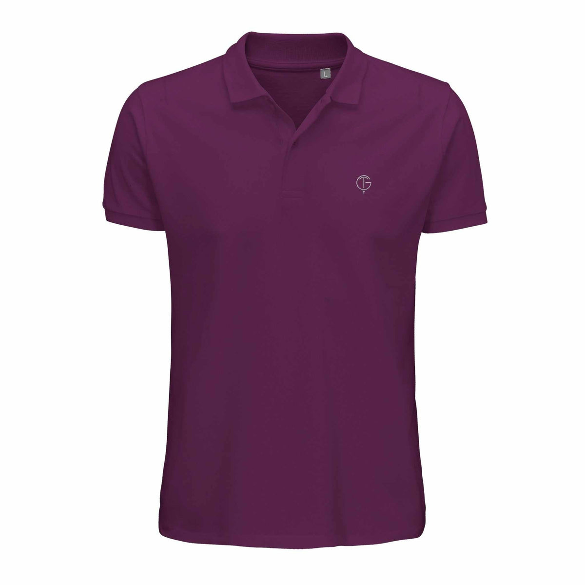 Golf polo shirt in deep purple cotton with short sleeves, a ribbed collar, two-button placket and small chest logo