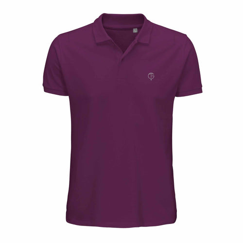 Golf polo shirt in deep purple cotton with short sleeves, a ribbed collar, two-button placket and small chest logo