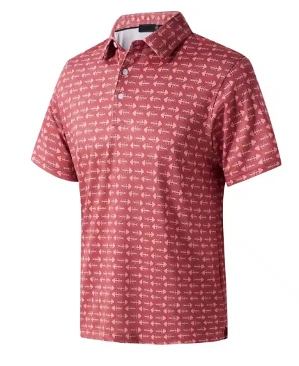 Golf polo shirt in dusty rose with a repeating white arrow pattern, short sleeves, collar and button placket