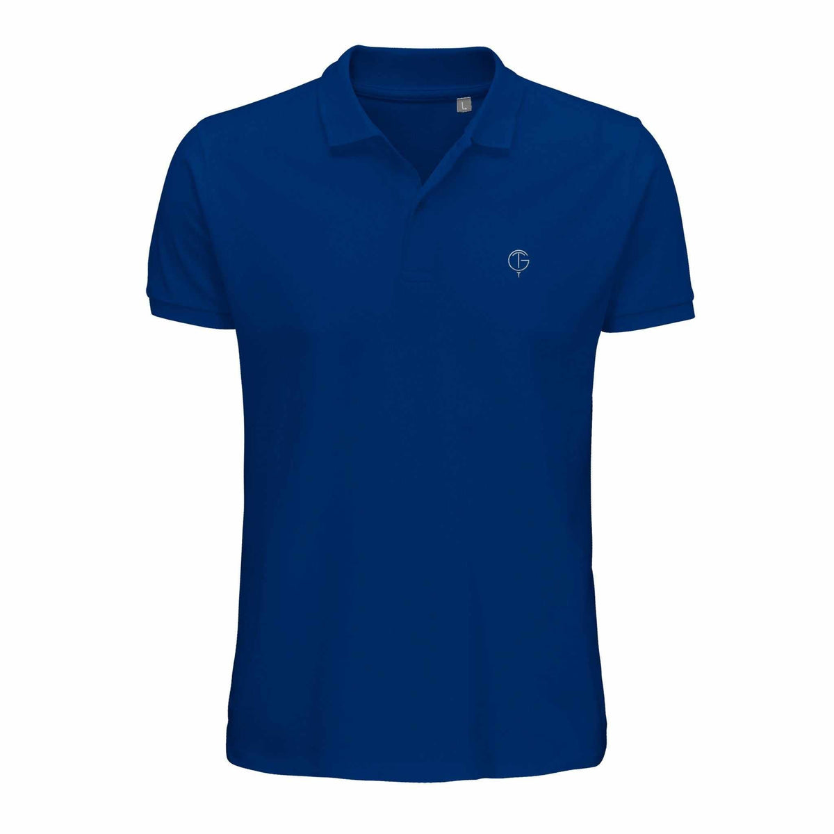Golf Polo Shirt in solid royal blue cotton with short sleeves, ribbed collar, two-button placket and small chest logo