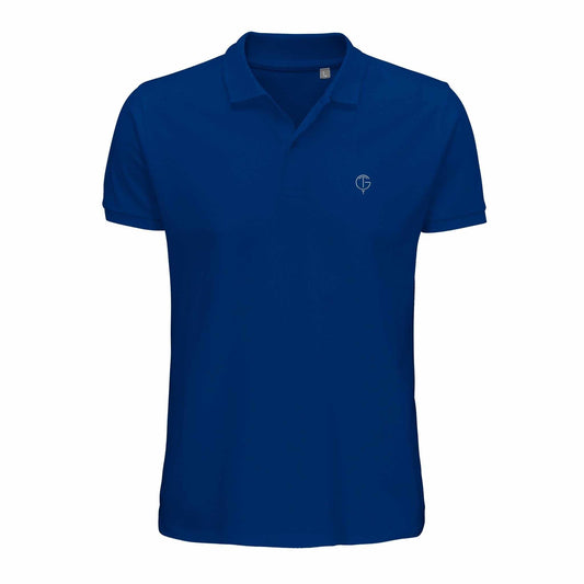 Golf Polo Shirt in solid royal blue cotton with short sleeves, ribbed collar, two-button placket and small chest logo