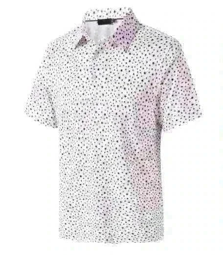 Golf polo shirt in white polyester with a dense black geometric print, short sleeves, and a classic collar with button placket