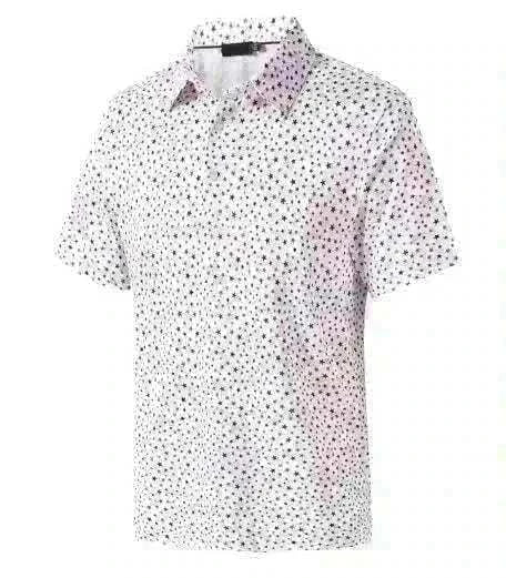 Golf Polo Shirt in white polyester with an all-over black geometric star pattern, short sleeves, collar and button placket