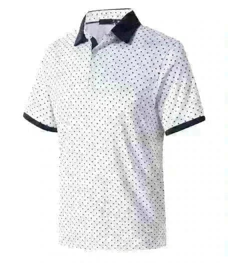 Golf polo shirt in white fabric with a small dark dotted pattern, black collar and sleeve trim, and button placket