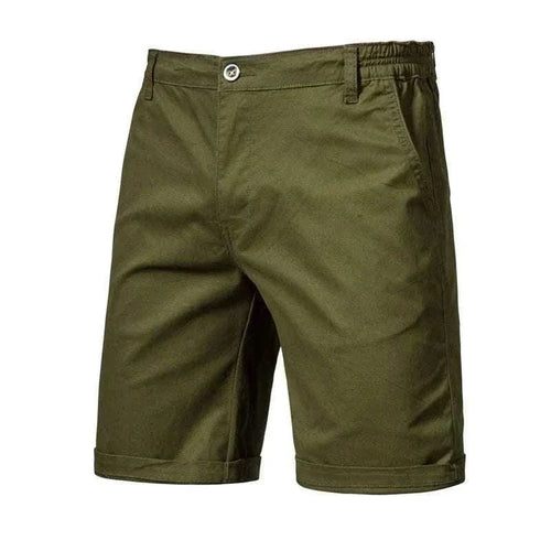 Golf Shorts in olive green woven fabric with a solid pattern, button waist, side pockets and straight rolled hems