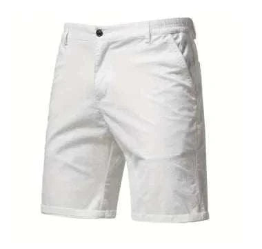 Golf shorts in solid white cotton with a tailored slim fit, straight legs, belt loops, and a front button closure
