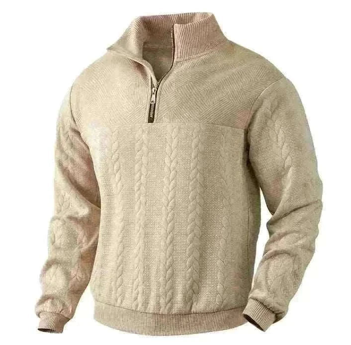 Golf sweater in beige knit with a cable-knit body, textured sleeves, ribbed cuffs, and a quarter-zip collar
