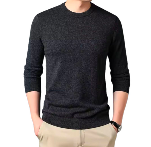 Golf sweater in charcoal grey knit with a classic round neck, long sleeves, and ribbed cuffs and hem