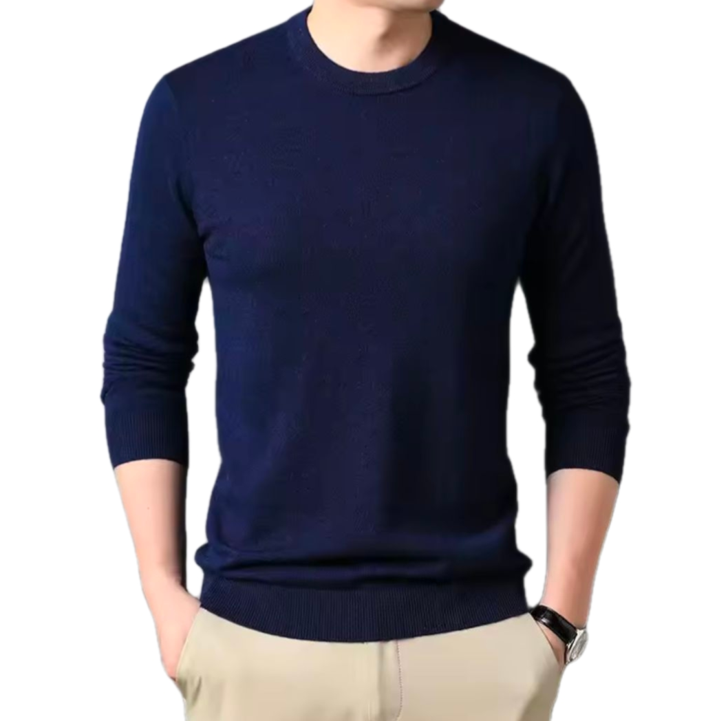 Golf sweater in solid navy knit with a classic round neckline, long sleeves, and ribbed cuffs and hem