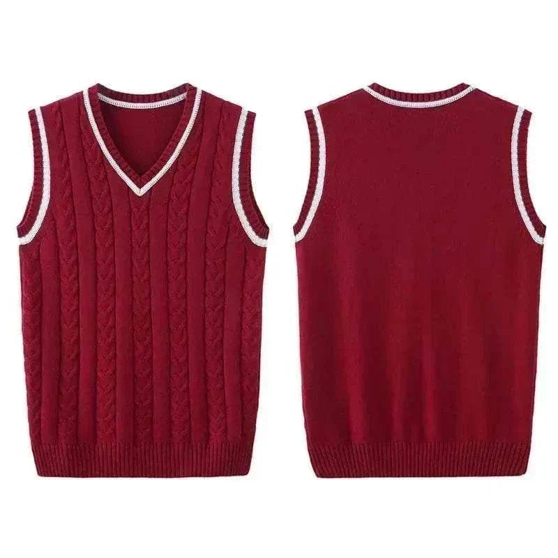 Golf sweater vest in burgundy knit with a cable pattern, white-trimmed V-neck and sleeveless ribbed edges
