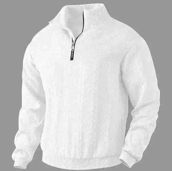 Golf sweater in white knit with a subtle textured pattern, featuring a structured stand collar and quarter-zip neckline.