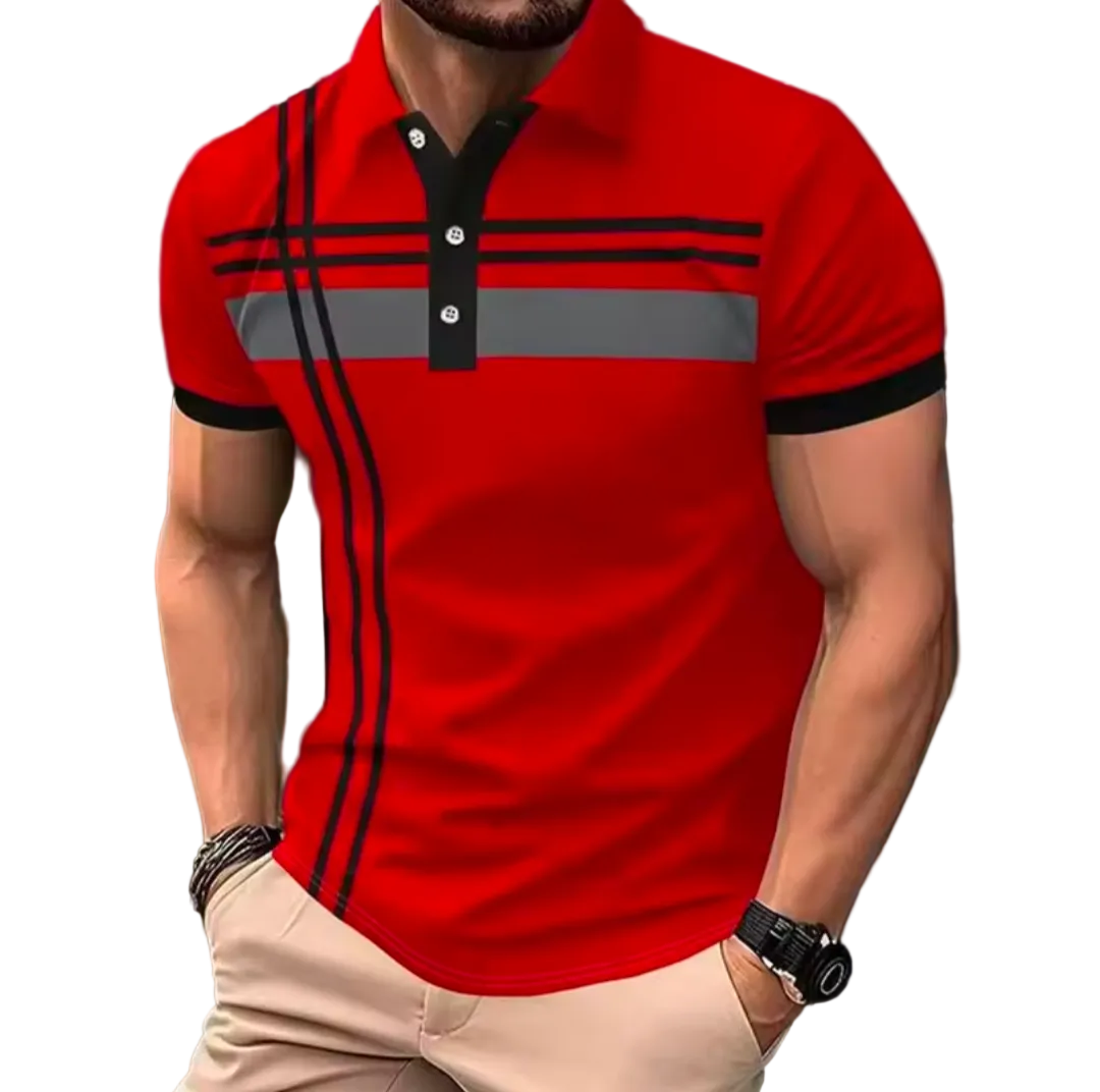 Men's golf polo shirt with geometric grid pattern and contrasting collar
