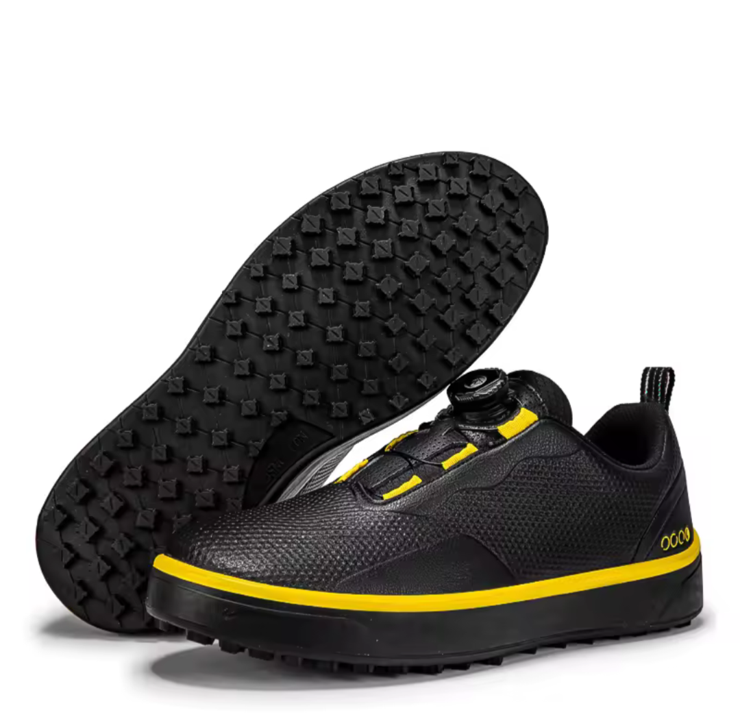 White laceless GolfThing men's golf trainers with spikeless sole