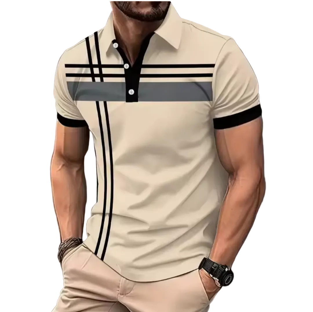 Men's golf polo shirt with geometric pattern and moisture-wicking fabric