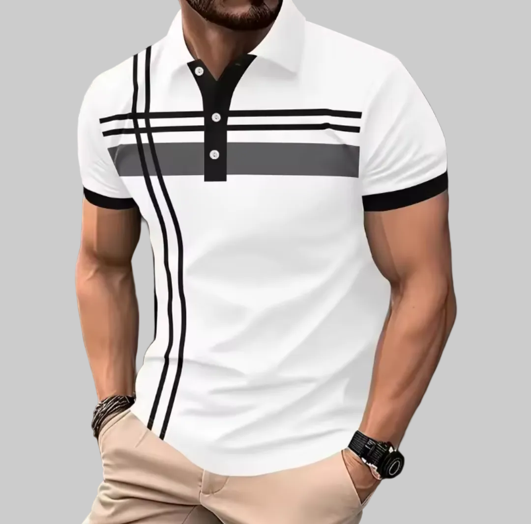Men's patterned golf polo shirt with geometric grid design and moisture-wicking fabric