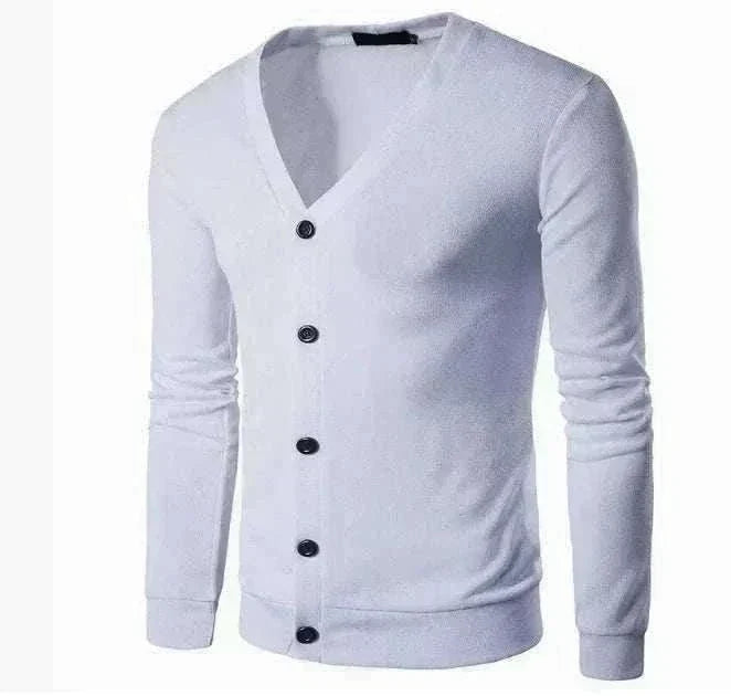 GolfThing Signature Knit cardigan in white lightweight knit, with a V-neck, dark buttons, long sleeves and ribbed cuffs