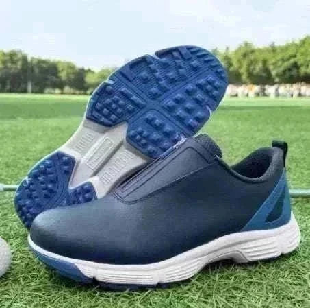 White and blue GolfThing Zen Zipper spikeless golf shoes