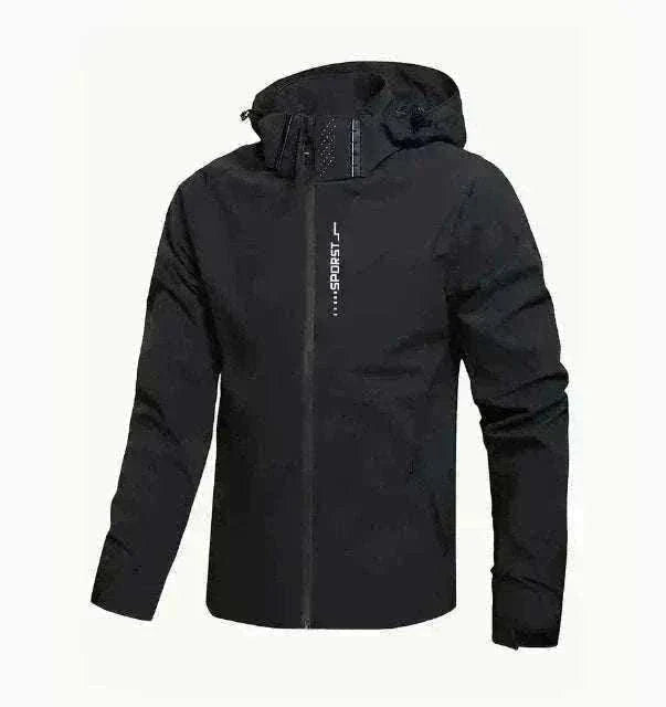 Men's waterproof red golf rain jacket with adjustable hood and zippered pockets