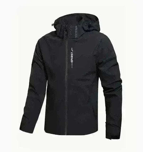 Men's waterproof red golf rain jacket with adjustable hood and zippered pockets