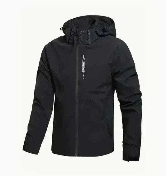 Men's waterproof red golf rain jacket with adjustable hood and zippered pockets