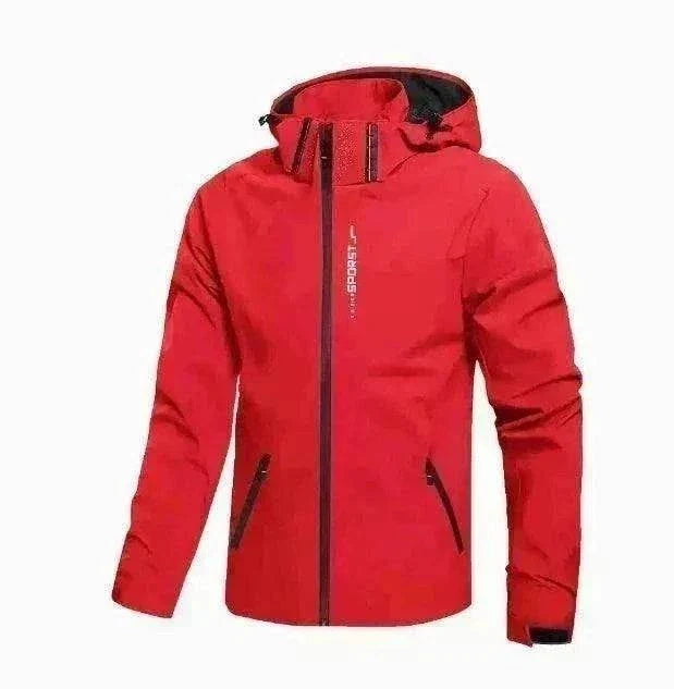 Men's waterproof red golf rain jacket with hood