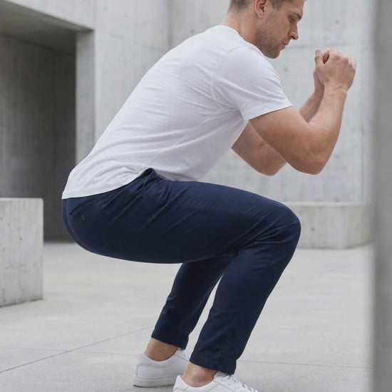 Non-restrictive 4-way stretch chinos in action. Engineered for a full range of motion."