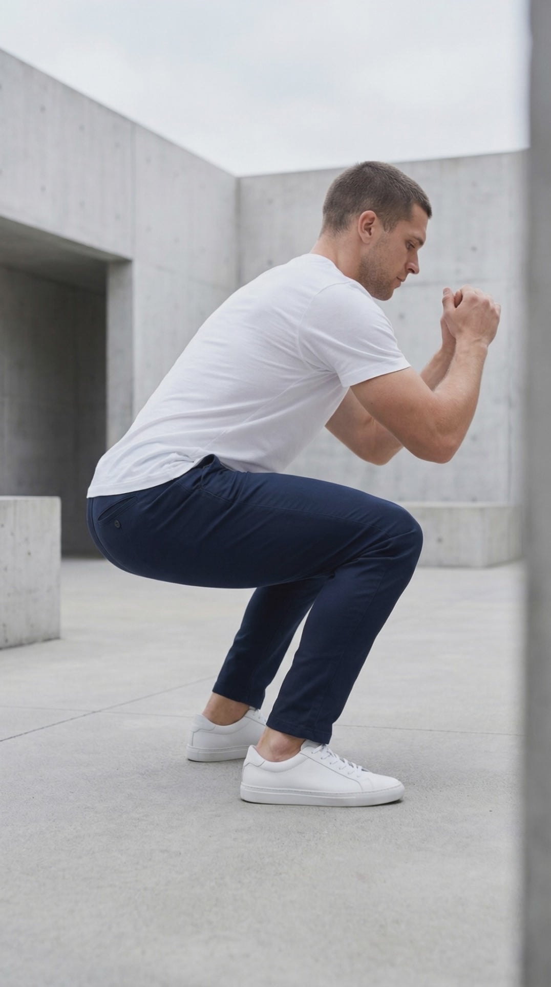 Non-restrictive 4-way stretch chinos in action. Engineered for a full range of motion."