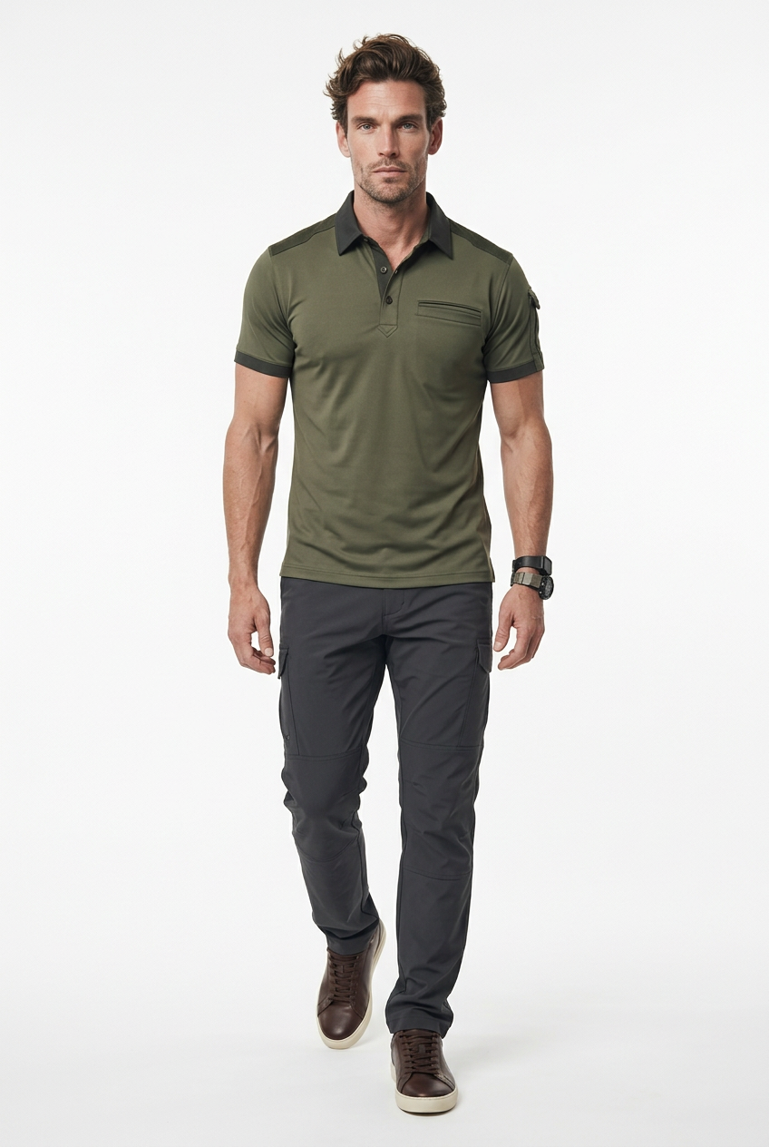 A man modeling an olive green short-sleeve golf polo shirt with dark trim on the collar and sleeve cuffs, paired with dark gray trousers and brown shoes, against a plain white studio background.